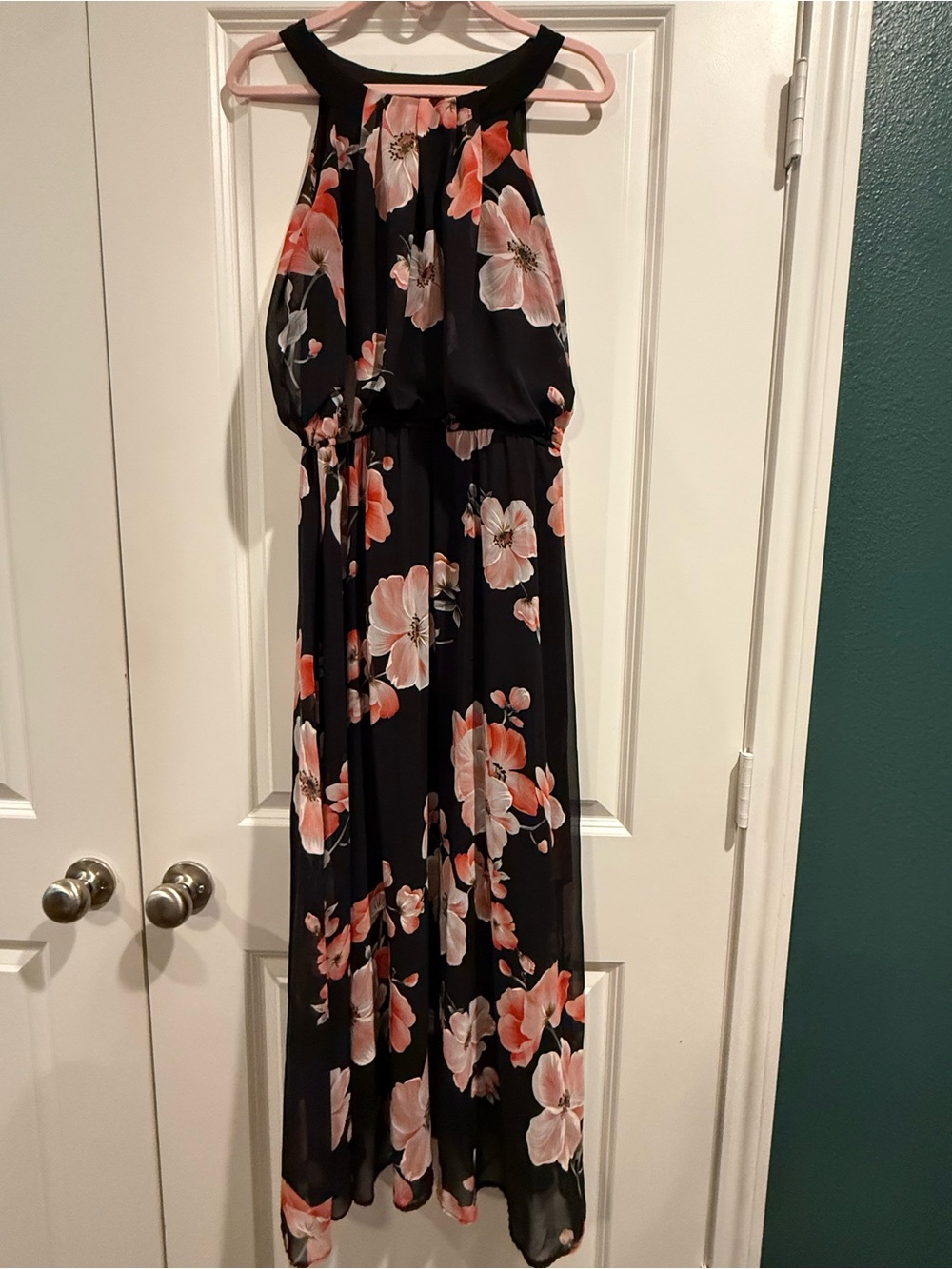 Beautiful Black Floral High-Low Dress with Pink & Coral Flowers